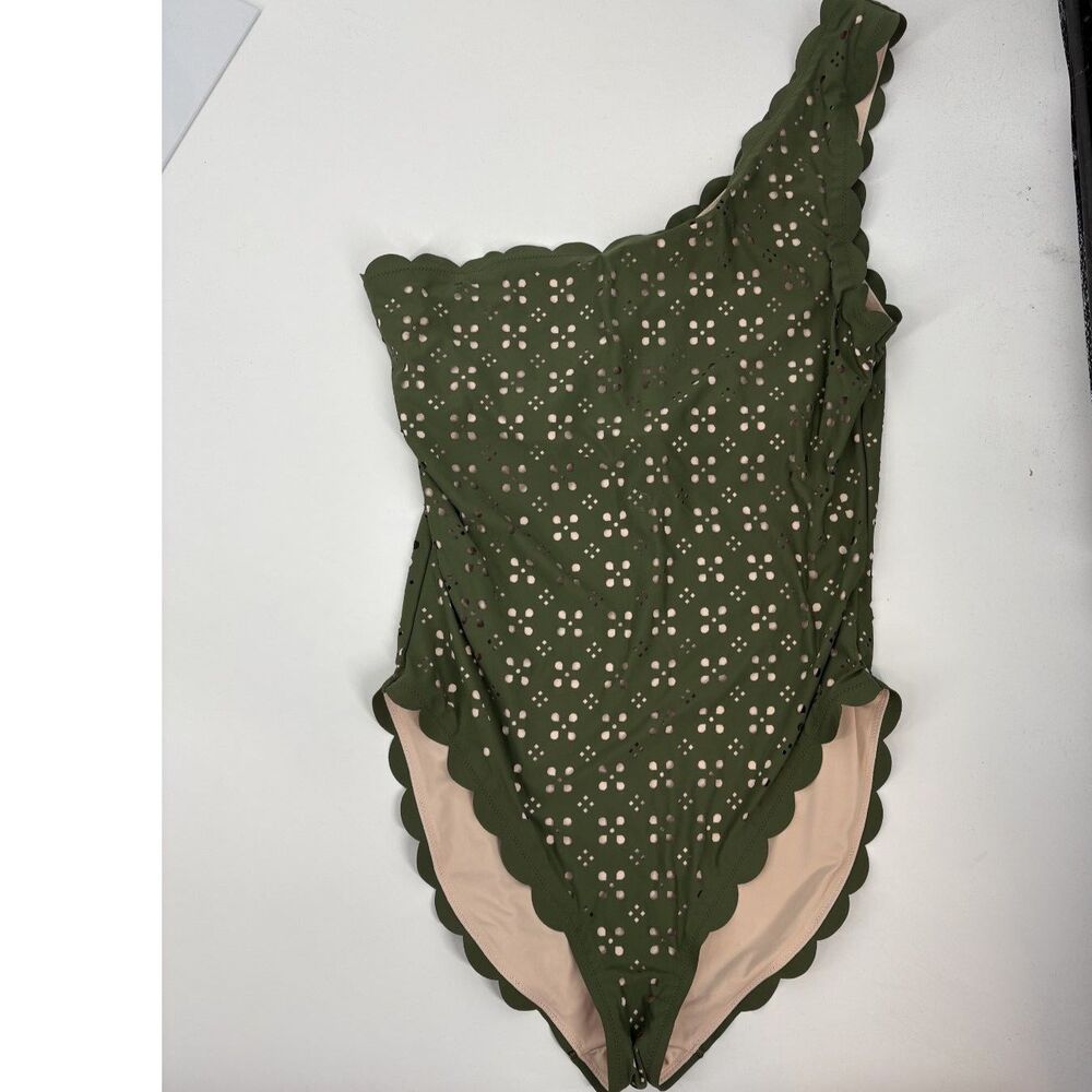 One Shoulder One Piece Olive Green Scallop Trim Swimsuit